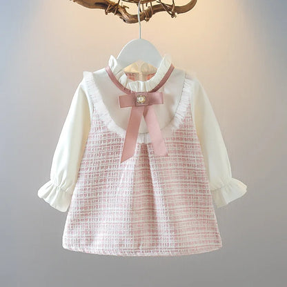 Spring And Autumn New Fake Two Piece Baby Girl Dress, Sweet Bow Grid Children'S Long Sleeve Clothes For 9 Months To 3 Years Old