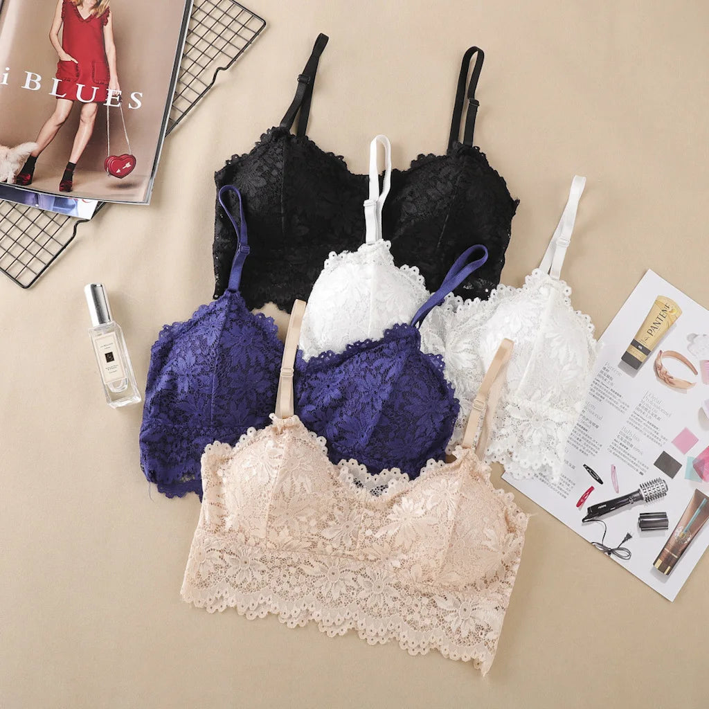 Women Flower Lace Bras Top Comfortable Bralette Solid Color Sexy Underwear Vest Female Hollow Out Wireless Lingerie Seamless Bra