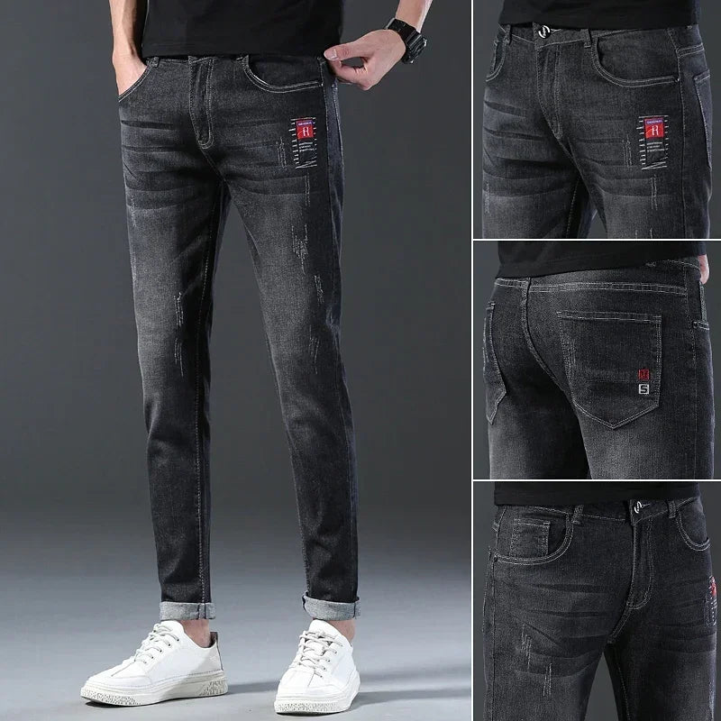 New Men's Denim Pants Slim Straight Gentleman Size 27-38 Slacks Fashion European American Style Stretch Men Luxury Jeans Grey