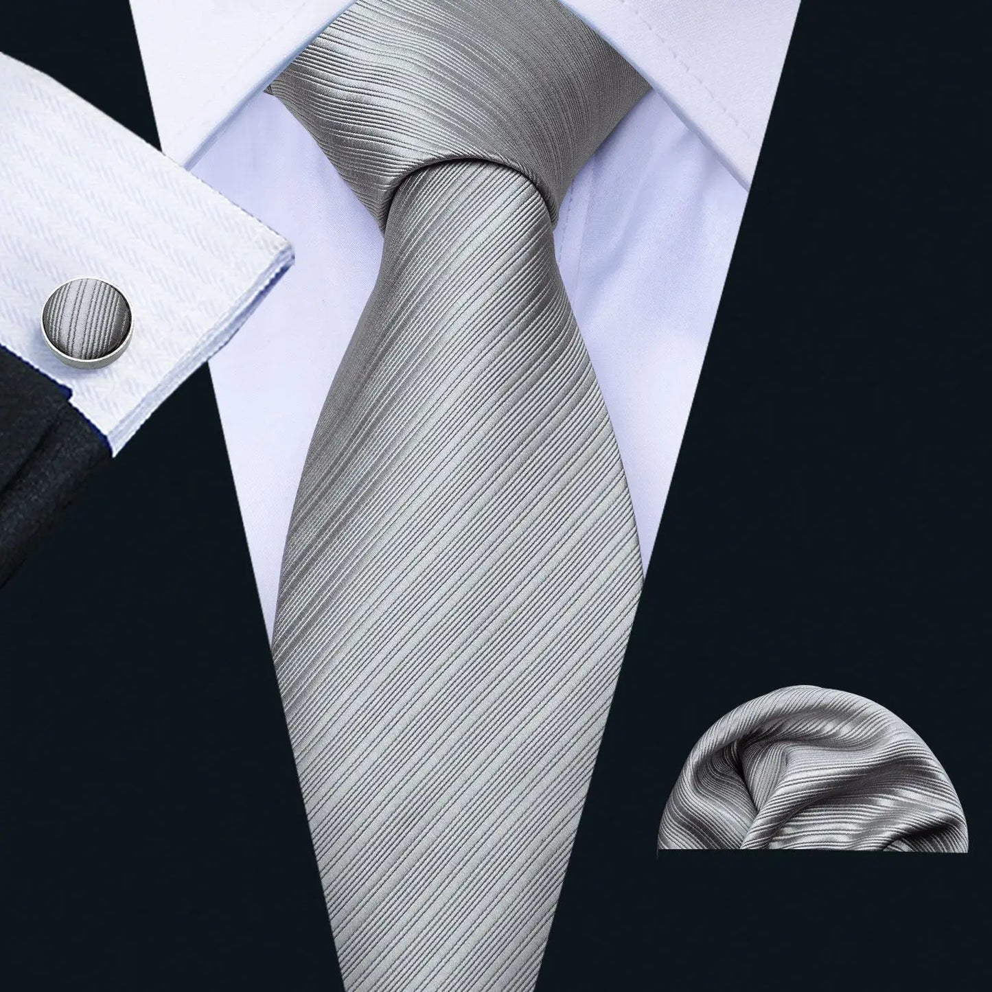 Barry.Wang Black White Gray Silver Silk Men Tie Handkerchief Cufflinks Set Jacquard Necktie for Male Wedding Business Party Gift