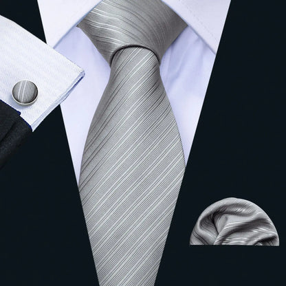 Barry.Wang Black White Gray Silver Silk Men Tie Handkerchief Cufflinks Set Jacquard Necktie for Male Wedding Business Party Gift