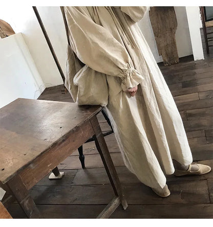 2025 New Spring Cotton Linen Dress for Women Solid Long Sleeve Drawstring Office Lady Elegant Maxi Dress