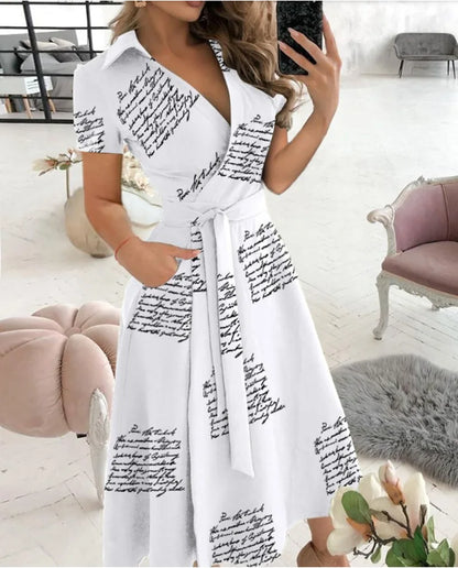 Women's New Short Sleeve Dress Spring Summer Fashion V-neck Printed Bag Hip Dress for Women  Temperament  Personality Wear