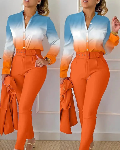 Women's Elegant Autumn/Winter Printed V-Neck Long Sleeve Button Shirt Top Fashion Solid Color Long Pants 2 Piece Set With Belt