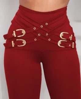 Original Design Style Skinny Long Pants for Women 2024 Casual Simple Criss Cross Buckled Decor High Waist Versatile Pants