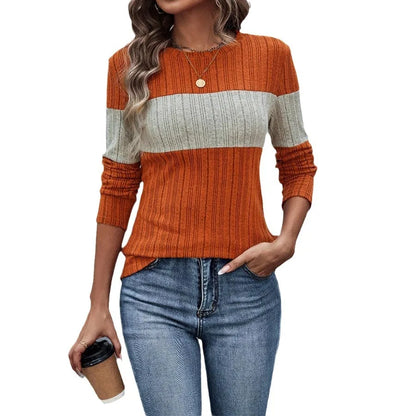Women Tops Knitted Round Neck Full Sleeve Slim Fit Casual Regular Top Splice Tees Pleated Elegant T Shirts Autumn 2024