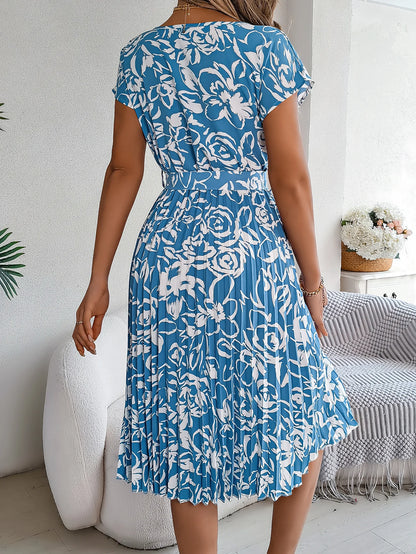 Spring Summer Elegant Flower Print Dress Short Sleeve Folded Dresses for Women Mother's Day