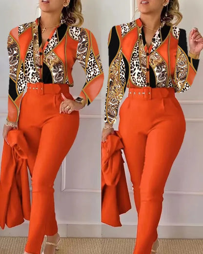 Women's Elegant Autumn/Winter Printed V-Neck Long Sleeve Button Shirt Top Fashion Solid Color Long Pants 2 Piece Set With Belt
