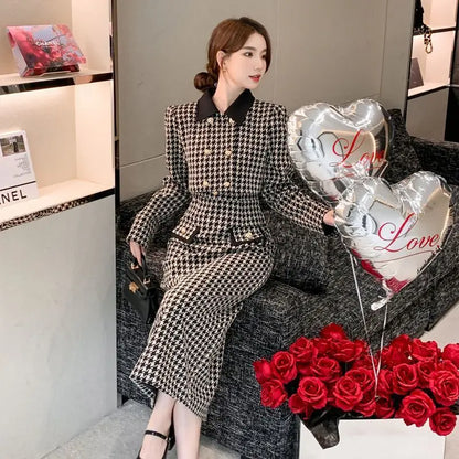 Spring Autumn New Dress Set Women Turn-down Collar Long Sleeve Button Patchwork Cardigan Elegant Slim All-match Slip Dresses