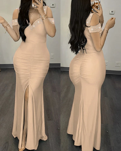 Womens Dresses 2024 Summer Fashion Contrast Sequin Ruched Slit Tassel Design Sexy Plunge Short Sleeve Skinny Maxi Evening Dress