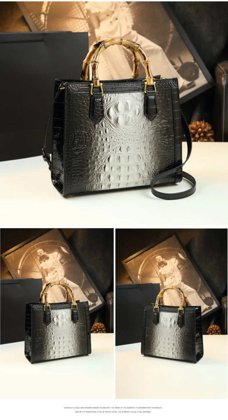 Crocodile Pattern Leather Women's Handbags Bamboo Handle Portable Tote Bag Mom Tide Shoulder Messenger Bags 2025 New Fashion