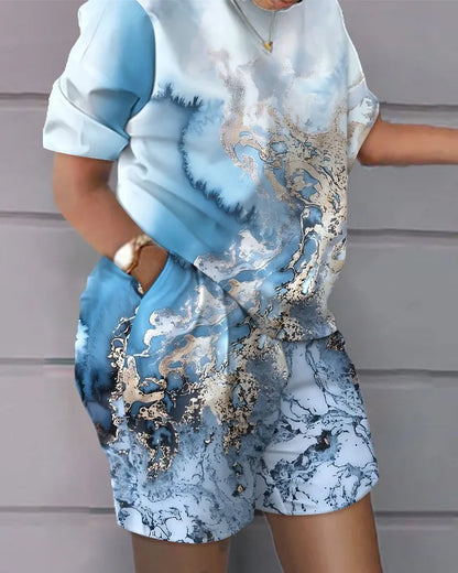 Casual Loose Short Sleeve Tshirt Shorts Set Office Lady Summer Fashion O-neck Colorful Print Two Piece Set Women Outfit 2023