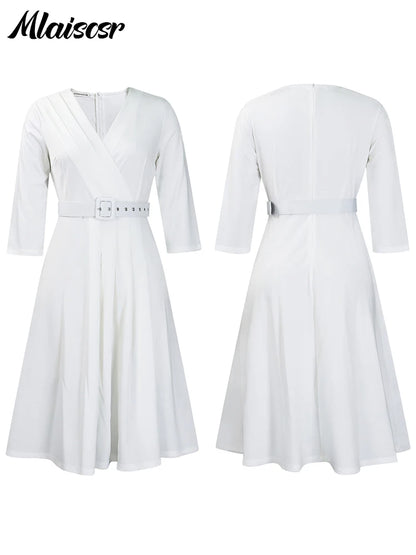 Mlaiscsr Evening Gowns Dresses with Belt Women Clothing V Neck 3/4 Sleeves A Line Pleataed Dress Occasion Elegant Office Outfits