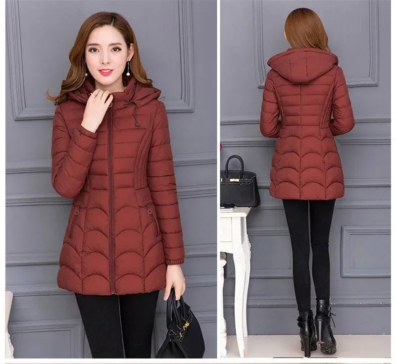 2024Fashion Middle Age Mother Slim Down Cotton Hooded Jacket Plus Size Casual Solid WarmThick Outwear Parka Winter Coat Women