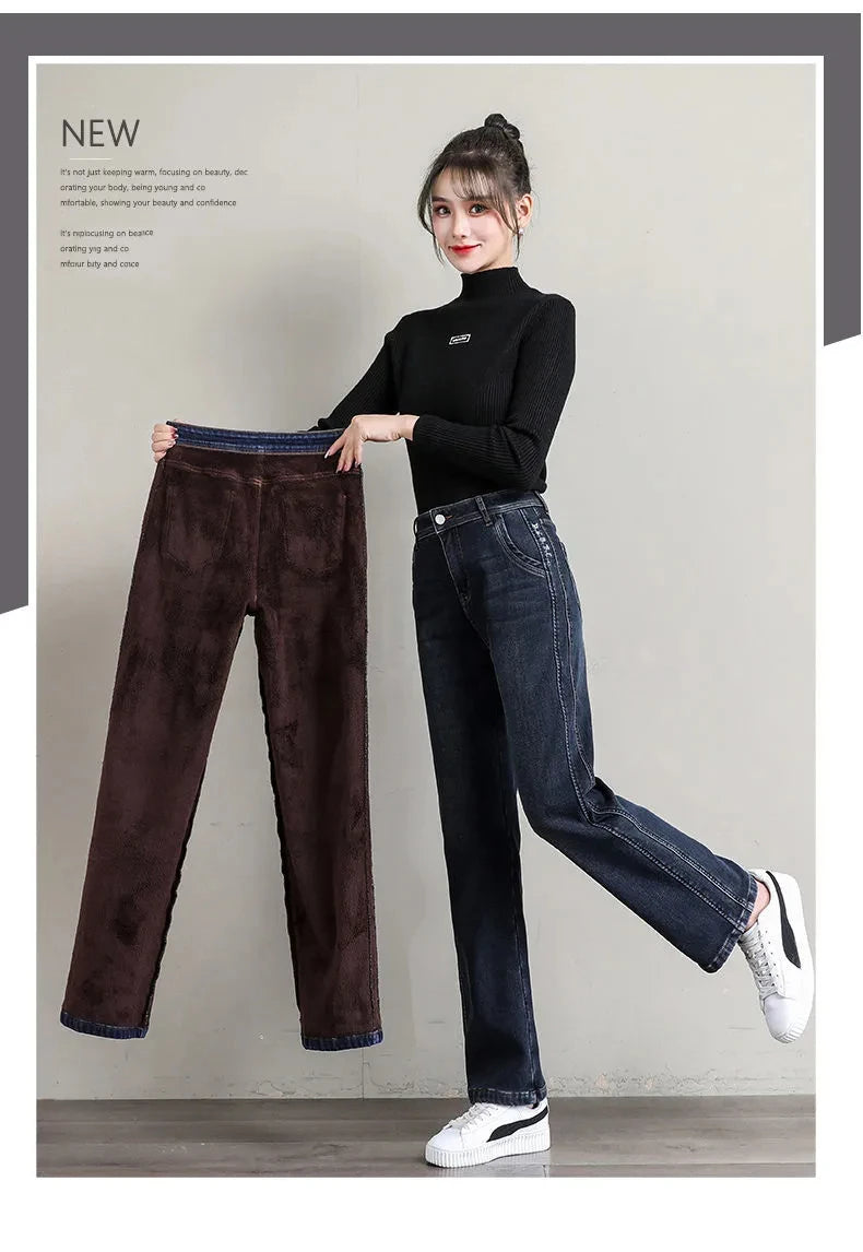 New Winter Thick Warm Fleece Women Straight Jeans Women Classic High Waist Thicken Fashion Warm Denim Pants Retro Cowboy Trouser