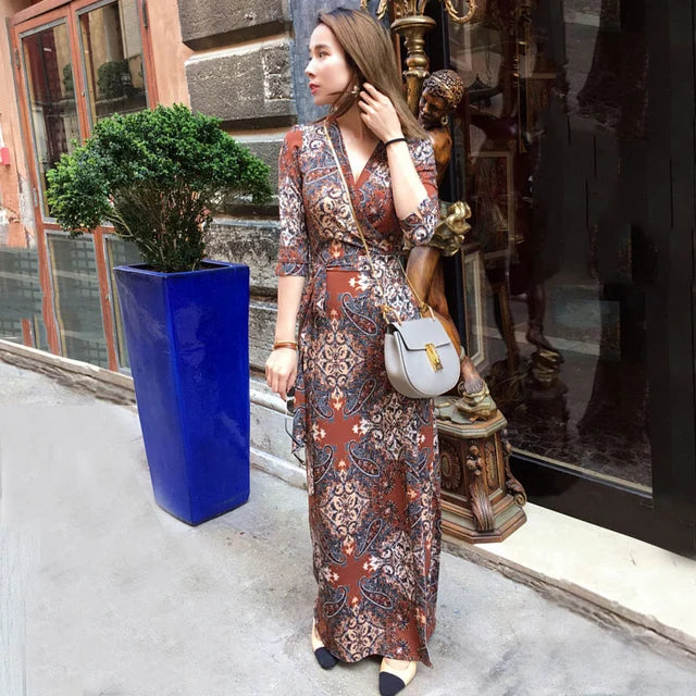 FANIECES Summer Wrap Dresses Women Sexy V Neck Split Maxi Dress Print Female Casual Beachwear Lace Up Party Vestidos Robe платье