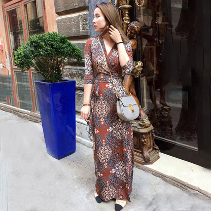 FANIECES Summer Wrap Dresses Women Sexy V Neck Split Maxi Dress Print Female Casual Beachwear Lace Up Party Vestidos Robe платье