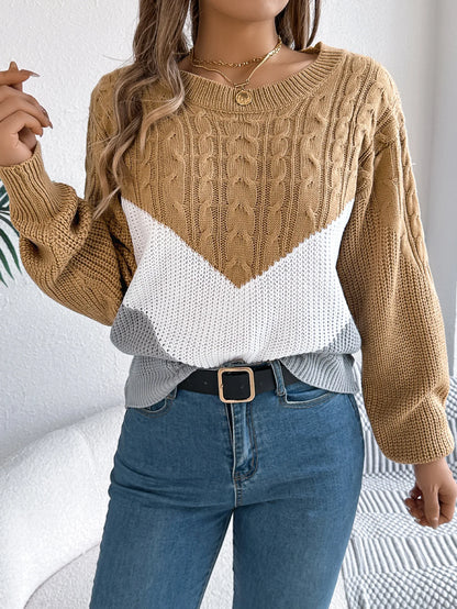 New Autumn Winter Color-blocking Lantern Sleeve Fashion Knitted Pullover Sweater Jersey Invierno Mujer Sweaters Womens Top Femme