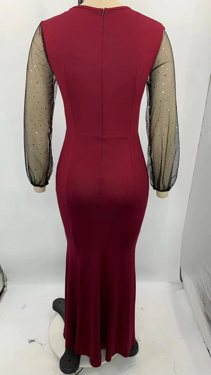 Mesh Patchwork Dress Womens Fashion Round Neck Long Sleeve Slim Elegant Dress Women
