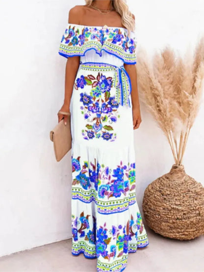 2024 Spring Summer Women's New Sexy One Shoulder Off Shoulder Fashion Red Flower Printed Lace Up Waist Long Swing Dress