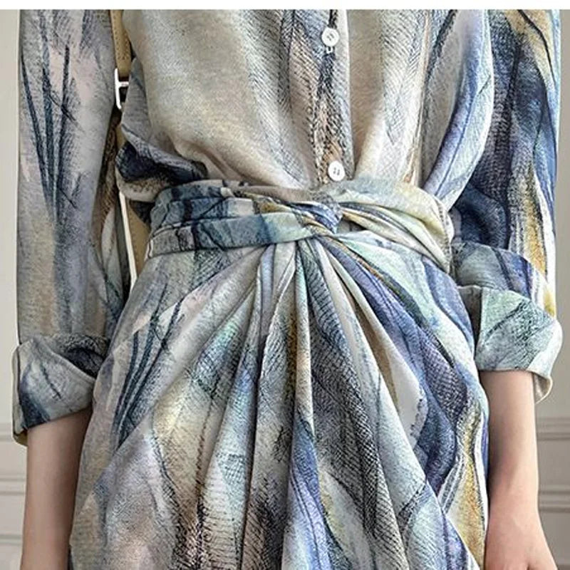 Spring Autumn New Fashion Dress Sets Women Turn-down Collar Long Sleeve Button Printing Shirt Lacing Mid-length A-line Skirt