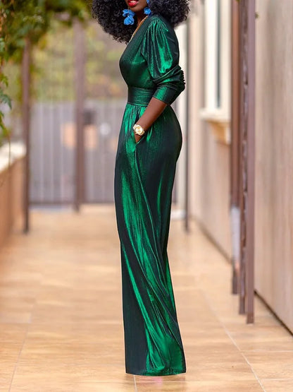 Bonboho Women's Solid Color Jumpsuit Deep V-neck Three-Quarter Sleeves High Waist Wide Leg Oe-piece Suit Summer Casual Jumpsuits