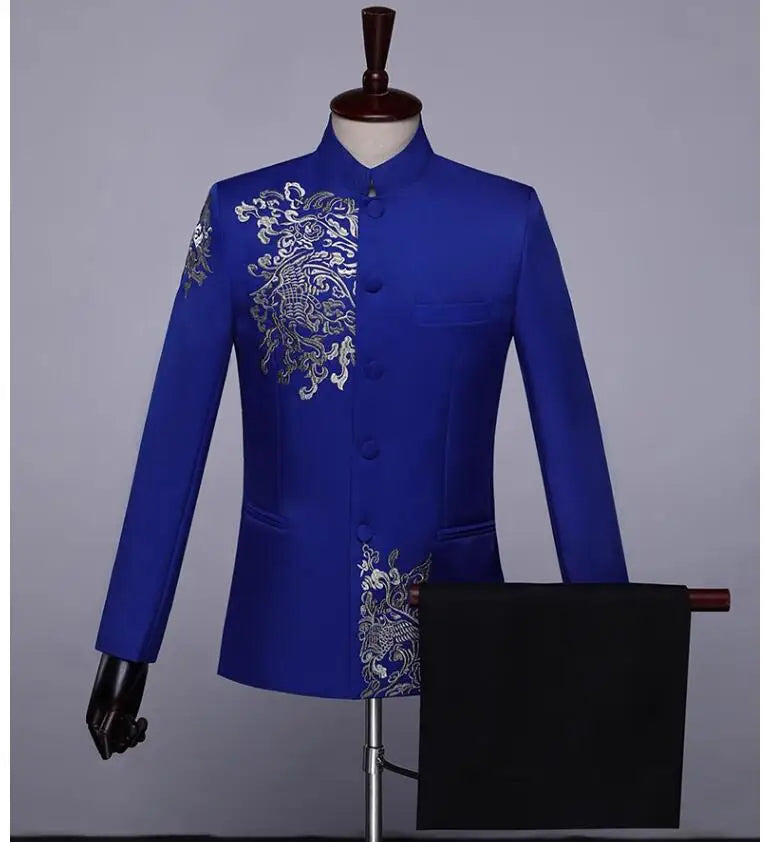 New Men Standing Collar Embroidered Suit 2 Piece Fashion Male Business Social Wedding Prom Stage Performance Dress Blazer Pant