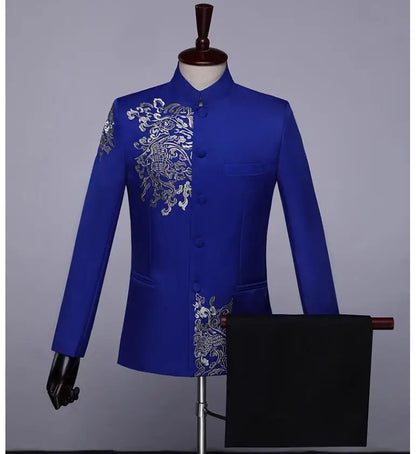 New Men Standing Collar Embroidered Suit 2 Piece Fashion Male Business Social Wedding Prom Stage Performance Dress Blazer Pant
