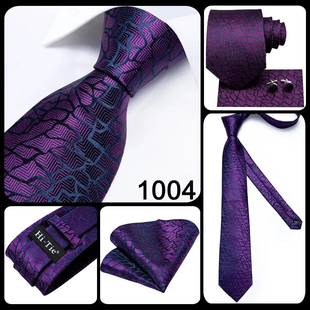 Hi-Tie Peacock Blue Novelty Designer Silk Wedding Tie For Men Hanky Cufflinks Gift Mens Fashion Necktie Set Business Party