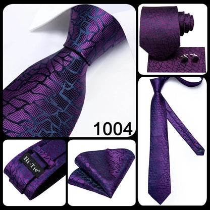 Hi-Tie Peacock Blue Novelty Designer Silk Wedding Tie For Men Hanky Cufflinks Gift Mens Fashion Necktie Set Business Party