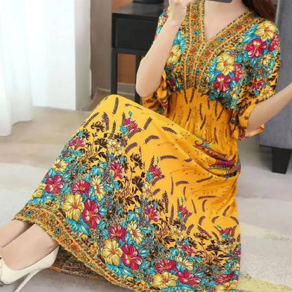 Spring New In Women's Dress V-Neck Short Sleeve Dress Elegant Sweet Print Dress Casual Retro Boho Elastic Waist A-Line Dress