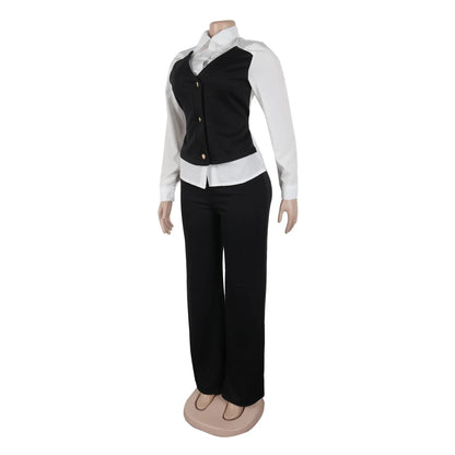 HLJ Elegant Lady Patchwork Shirts Two Piece Sets Women Lapel Long Sleeve Button Top And Pants Outfits Autumn OL 2pcs Clothing