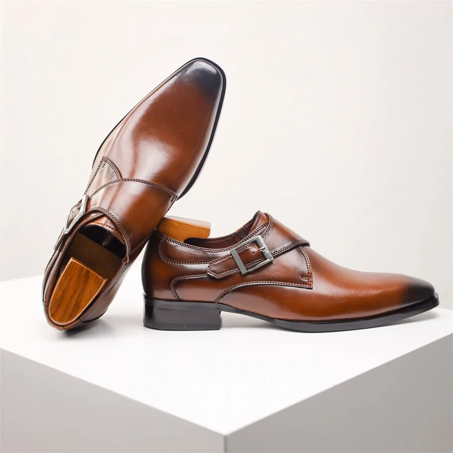 Newest Men's Cow Leather Shoes Buckle Pointed Dress Shoes Men Classic Business Formal Social Office Party Wedding Shoes