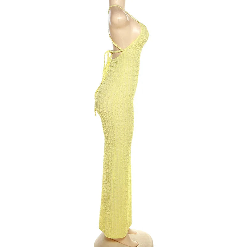 ANJAMANOR Halter Backless Maxi Summer Dresses for Women 2023 Sexy Beach Vacation Outfits Yellow Frilled Slit Long Dress D96-BH26