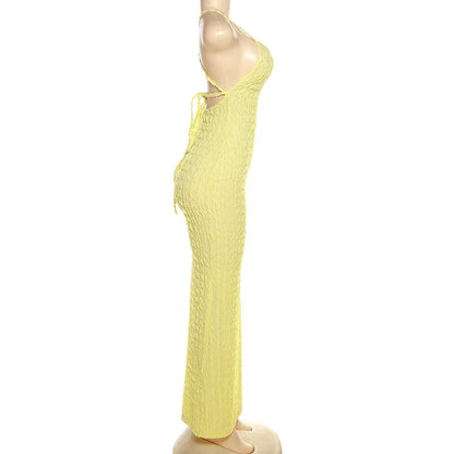ANJAMANOR Halter Backless Maxi Summer Dresses for Women 2023 Sexy Beach Vacation Outfits Yellow Frilled Slit Long Dress D96-BH26