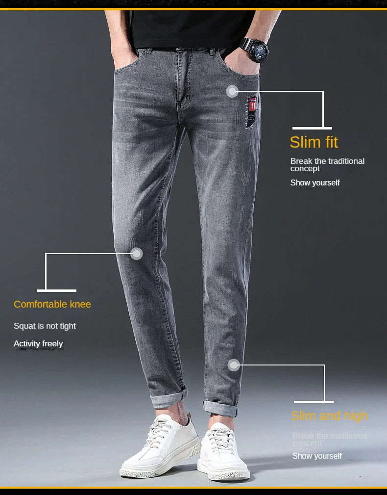 New Arrival Men's Denim Jeans Fashion Straight Slim Elastic Korea Fashion Casual Denim Trousers Male Pants Grey Black Dropship