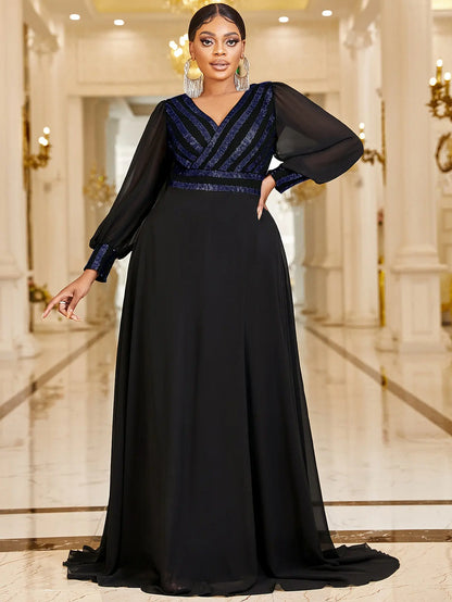 Plus Size V Neck Stripe Sequined Chiffon Dress 5XL 6XL Big Size Black Maxi Long Sleeve Spring Gold Stripe Luxury Evening Dresses