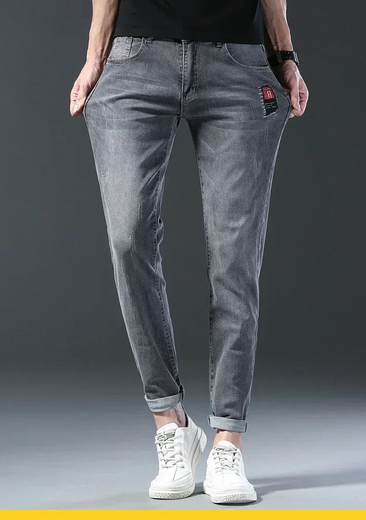 New Men's Denim Pants Slim Straight Gentleman Size 27-38 Slacks Fashion European American Style Stretch Men Luxury Jeans Grey