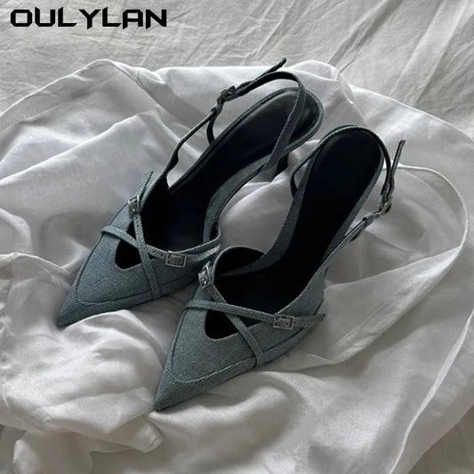 Oulylan Sexy Women High Heels Pumps Shoes Pointed Toe Party Slingbacks Denim Wedding Office Pumps Sandals Blue Ladies