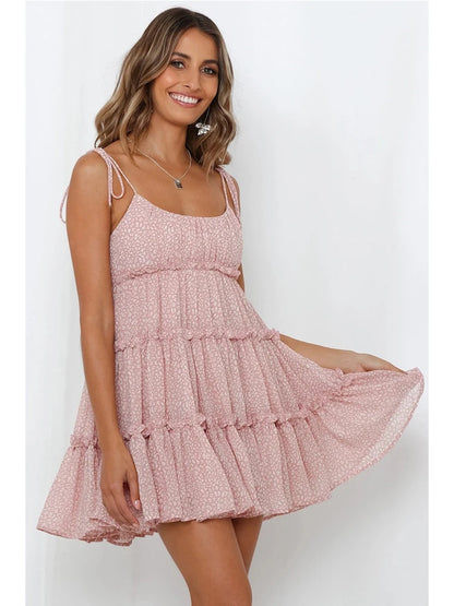 Spring Summer Print Floral Dress for Women Chiffon Strapless Sleeve Backless Ruffles Mini Dress Chic Lady Beach Vacation 2025 Fa