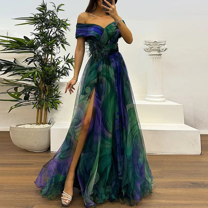 Spring Summer New Mesh Evening Dress Vintage Pattern Printed High Waisted Long Dress New One Shoulder Pleat Banquet Swing Dress