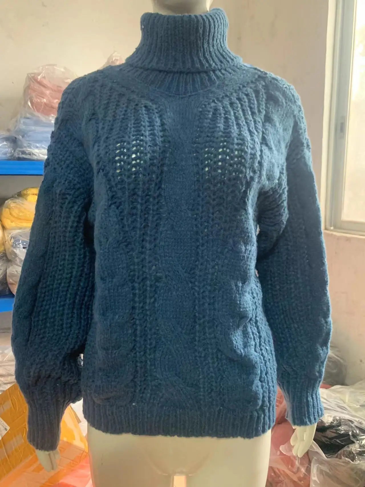 Women Knit Sweaters Full Sleeve Turtleneck Pullover Jumpers Casual Solid Sweater Thick Splice Lady Vintage Winter 2024