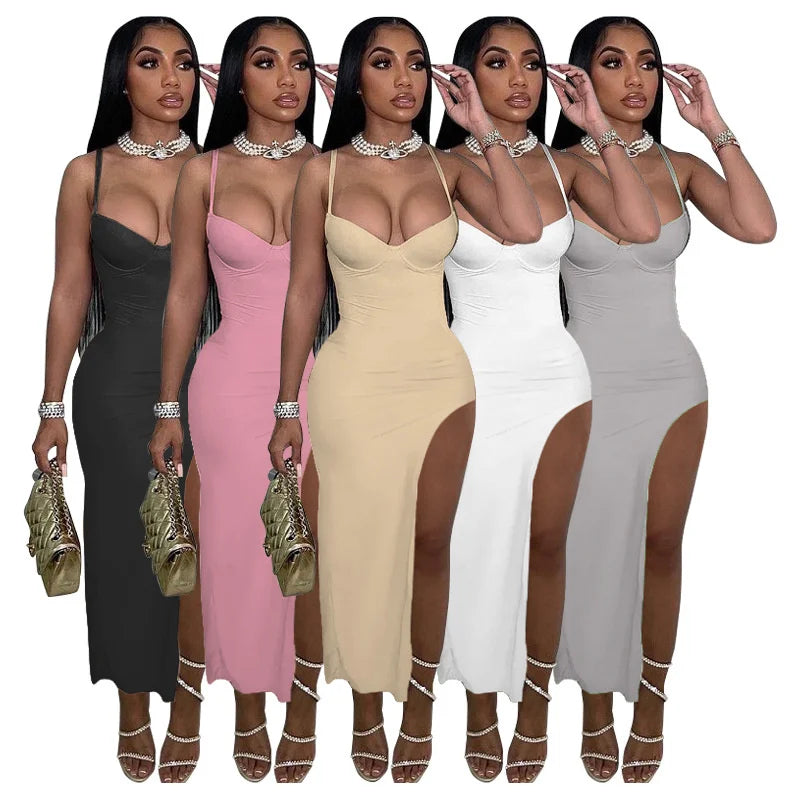 Sexy Side Cut Out Night Party Dresses Women Spaghetti Strap V-neck Backless Slim Bodycon Maxi Dress Elegant Birthday Prom Dress