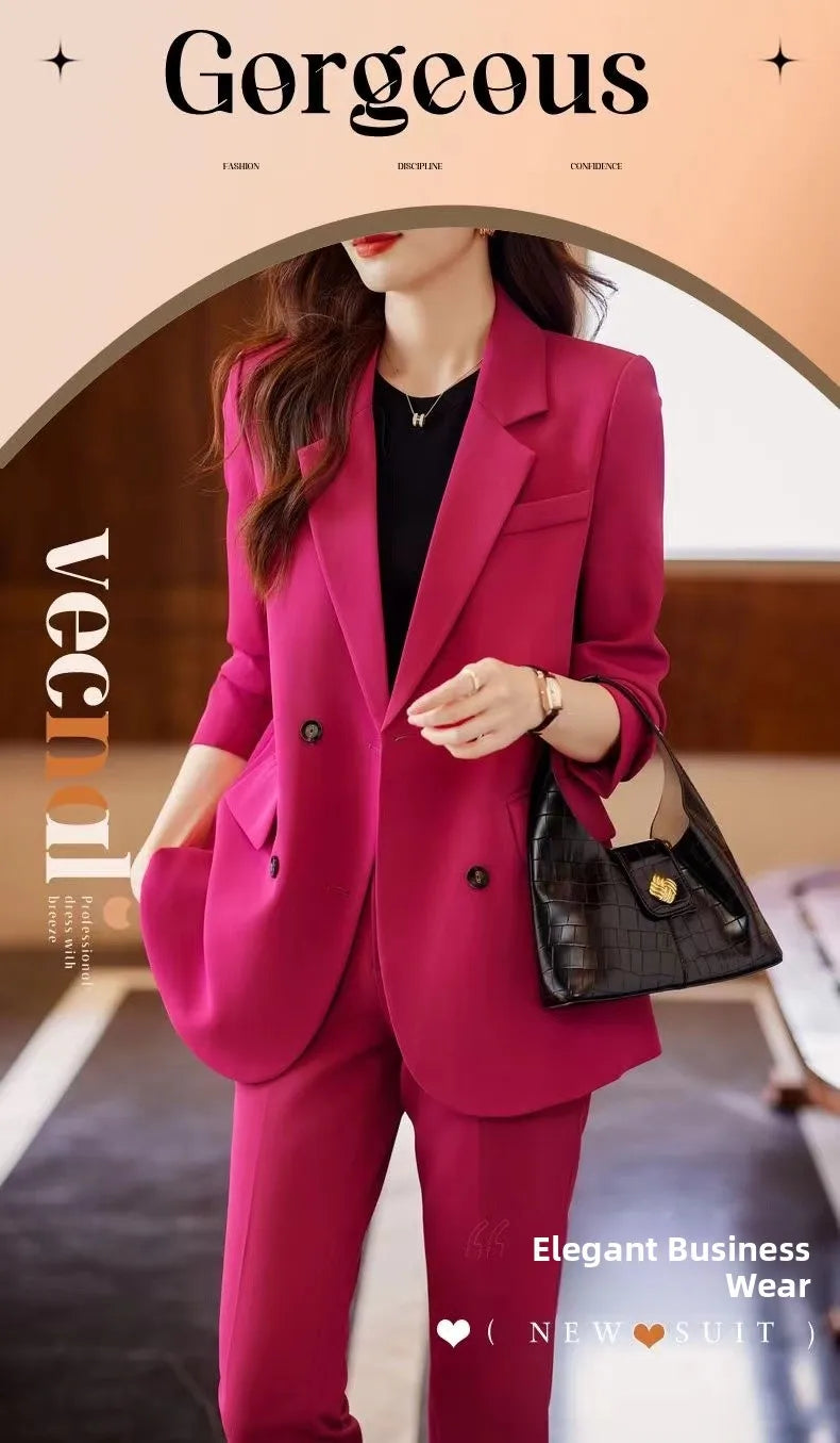 Two-Piece Suit Set in Raspberry Casual Sle for Women Long Sve Profional Pantsuit Polyester Fiber 00%