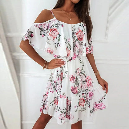 Women'S Spring/Summer New 2024 European And American Chiffon Printing Sexy Off Shoulder Strap Large Swing Ruffle Edge Dress