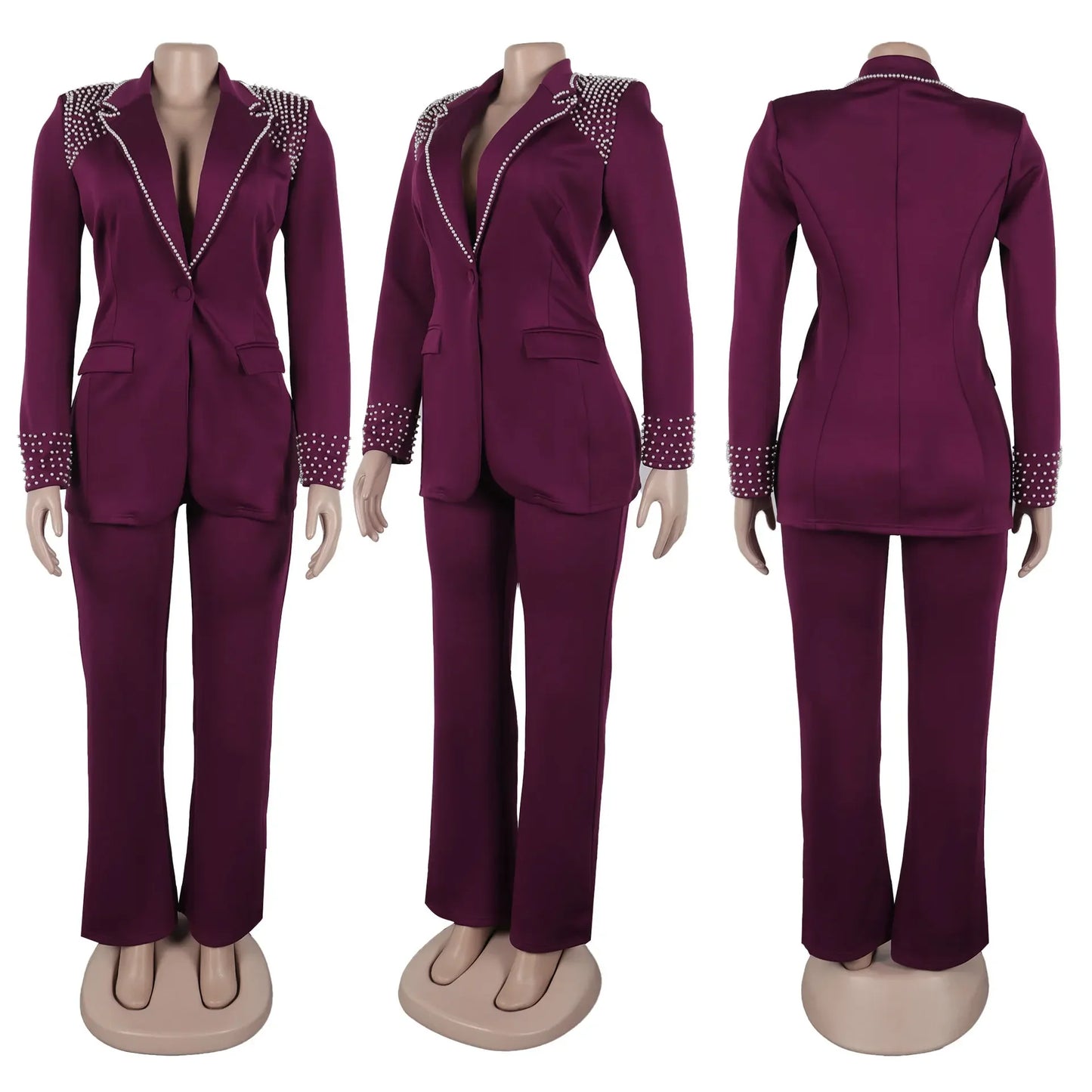 CM.YAYA Fashion Pearl Splicing Women's Set Long Sleeve Blazer and Wide Leg Pants Suit 2024 Winter OL Fall Two 2 Piece Set Outfit