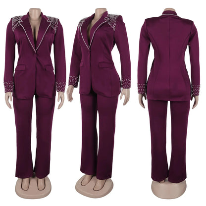 CM.YAYA Fashion Pearl Splicing Women's Set Long Sleeve Blazer and Wide Leg Pants Suit 2024 Winter OL Fall Two 2 Piece Set Outfit
