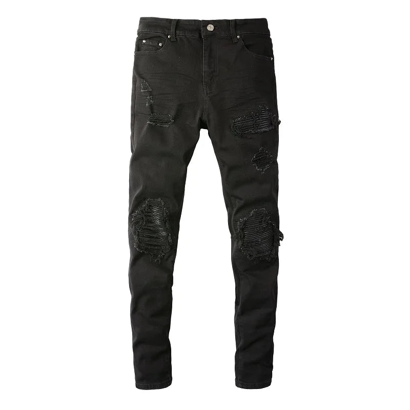 Men's Distressed Black Classical Leather Ribs Patchwork Holes Stretch Slim Fit Streetwear Designer Ripped Jeans