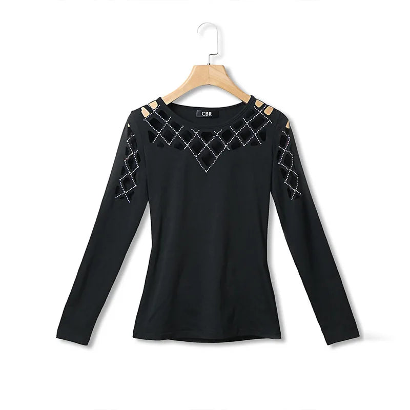 Autumn Winter New Women's Fashion Solid Color Hollow Diamond Splicing Long Sleeve T-shirt Casual Comfortable Top For Women