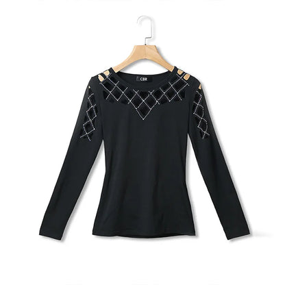Autumn Winter New Women's Fashion Solid Color Hollow Diamond Splicing Long Sleeve T-shirt Casual Comfortable Top For Women